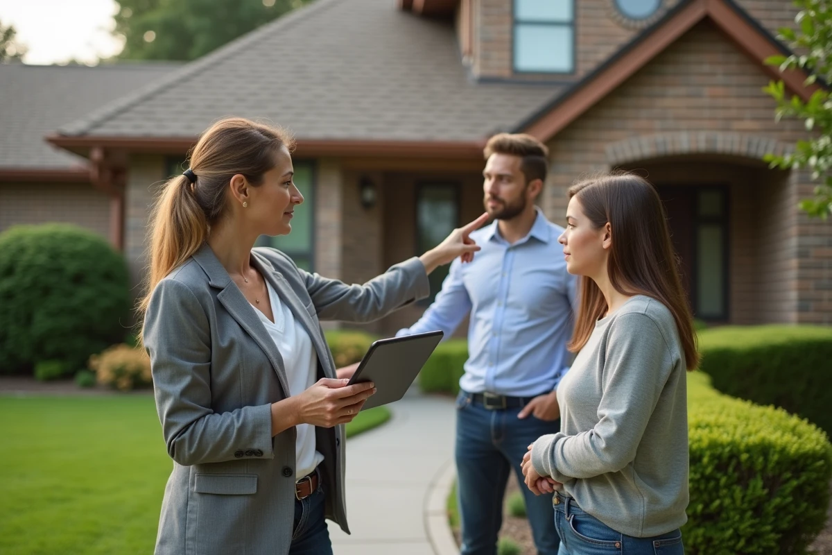 Femme avec tablette montrant une maison à un père et sa fille